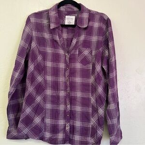 Sonoma Purple Silver Plaid Collared Vneck Pearl Snap Button Up Sz XL EUC‎